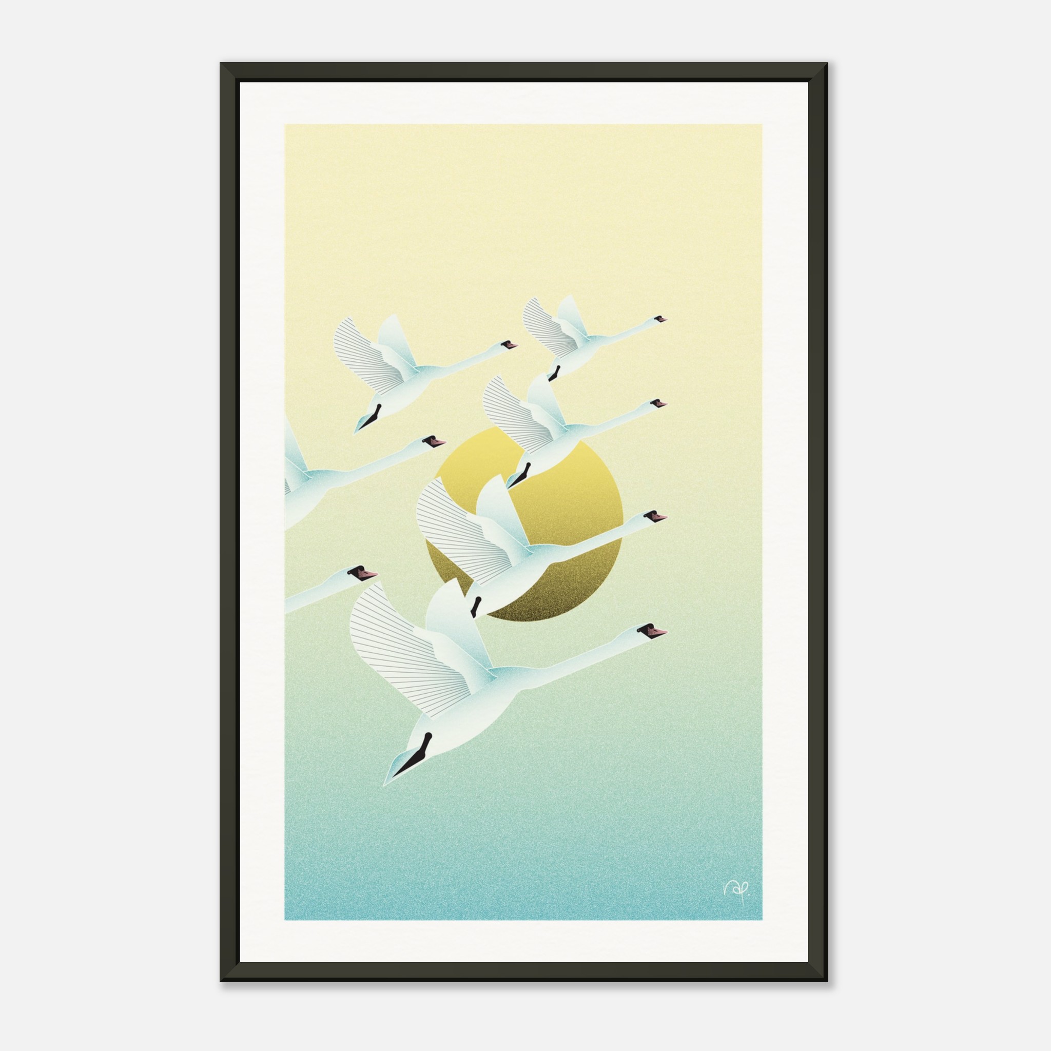 Illustration of swans flying in formation against a gradient sky with a yellow sun in the background.