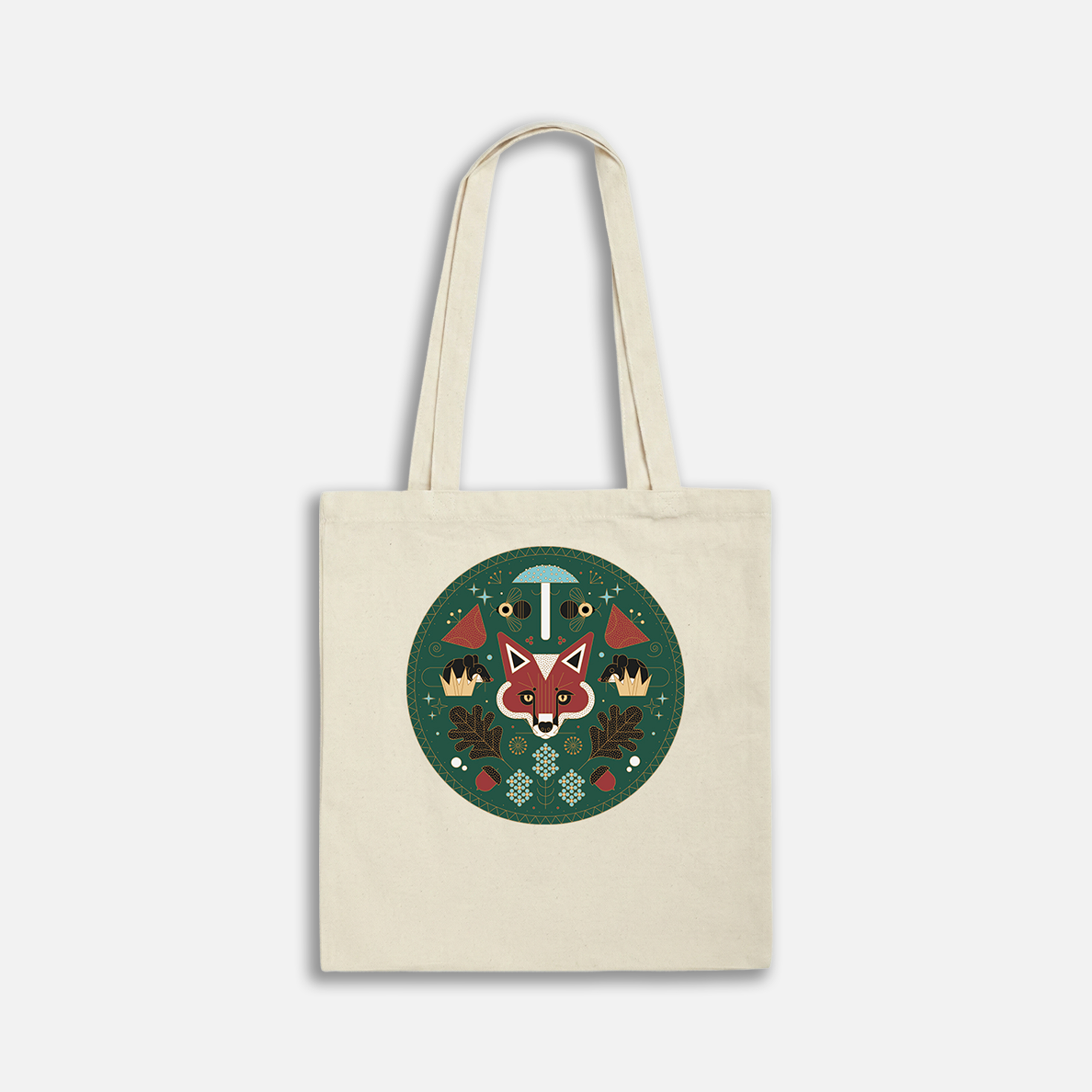 Canvas tote bag with colorful forest-themed design featuring a fox and mushrooms on a green circle background.