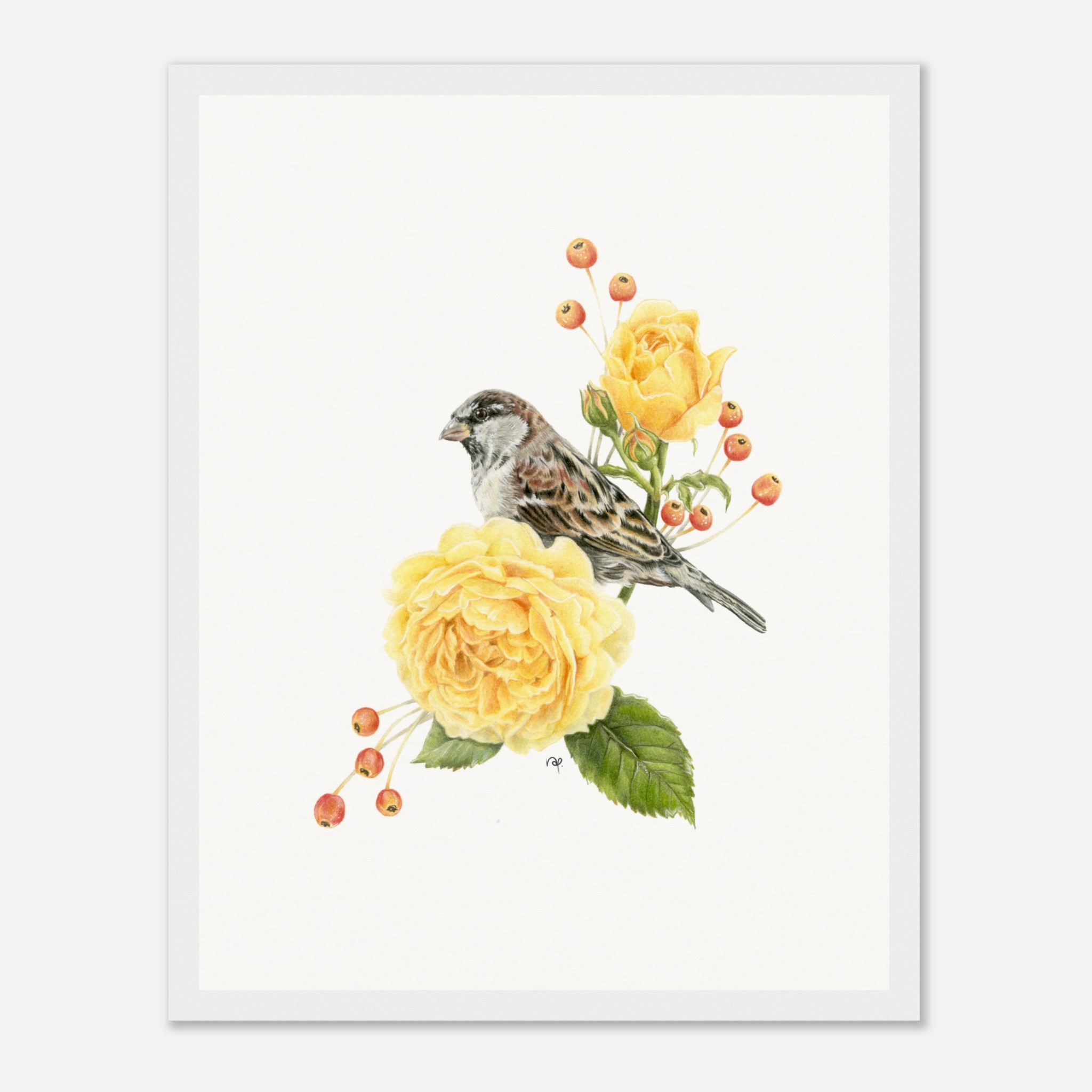 Illustration of a sparrow perched on yellow roses with red berries, showcasing nature's beauty and delicate artistry.