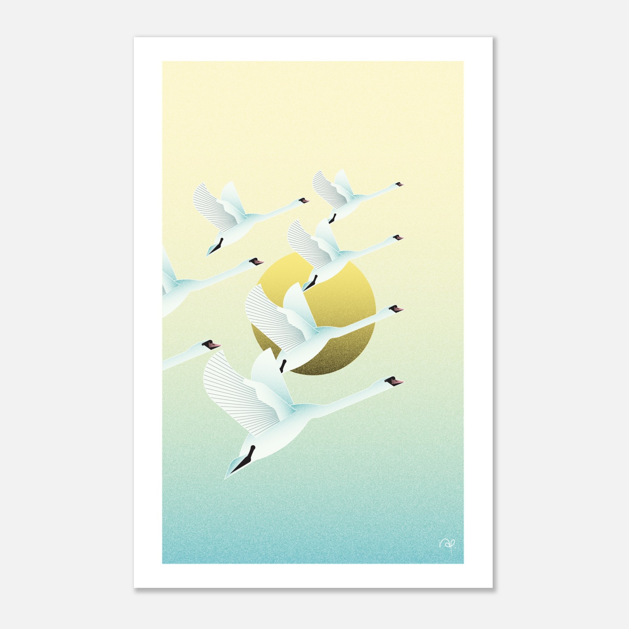 Illustration of elegant white swans flying in formation against a gradient sky with the sun in the background.