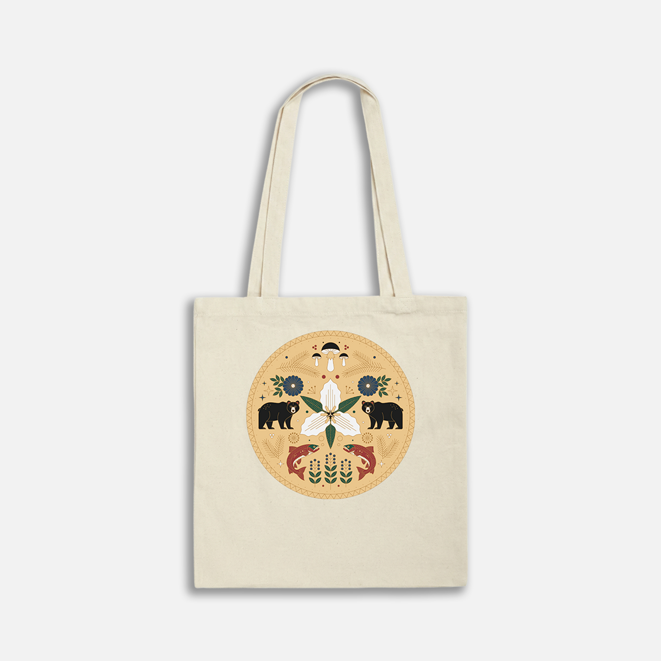 Eco-friendly tote bag with colorful animal and nature design on a cream background. Perfect for shopping and daily use.