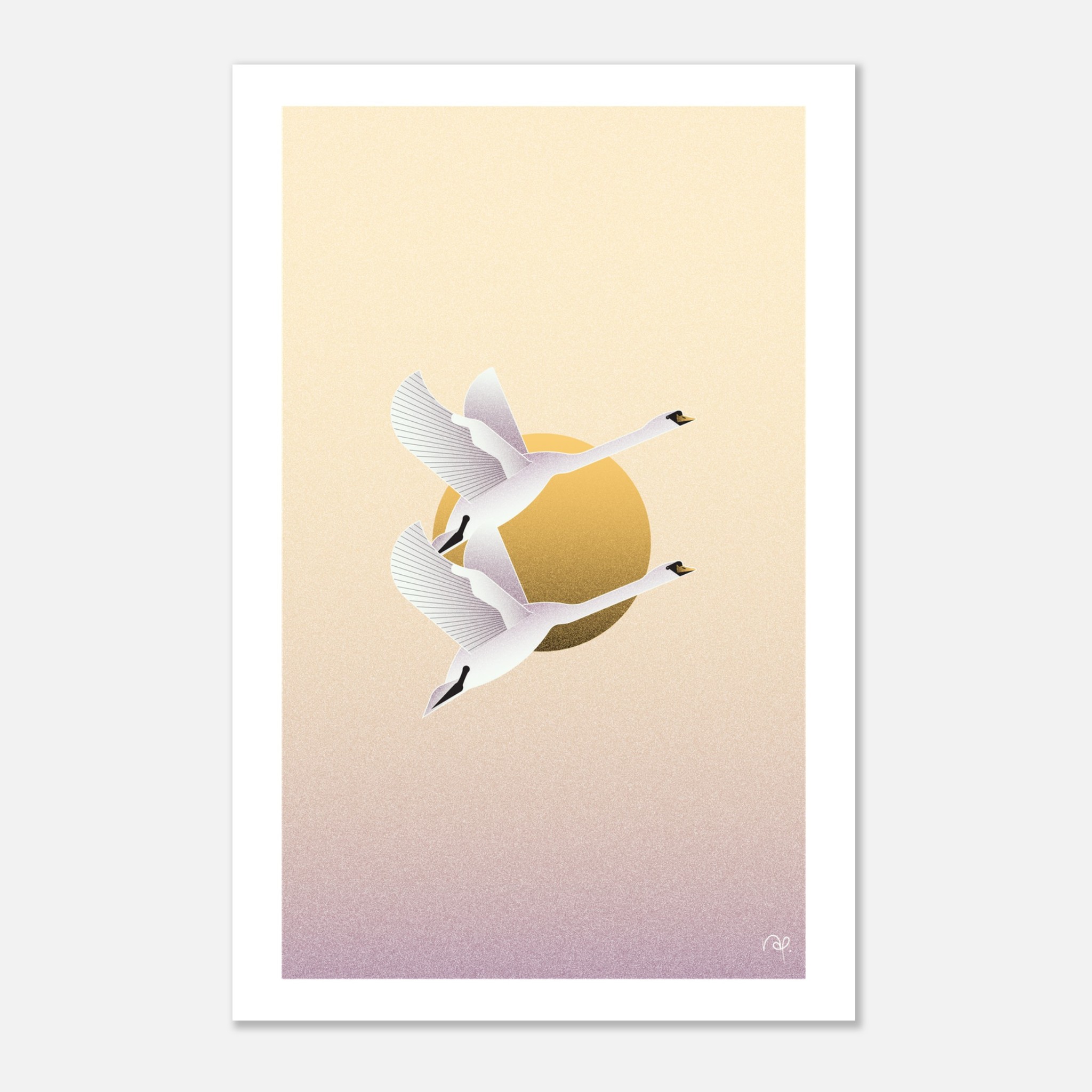 Two swans gracefully flying in front of a golden sun, set against a soft gradient background.