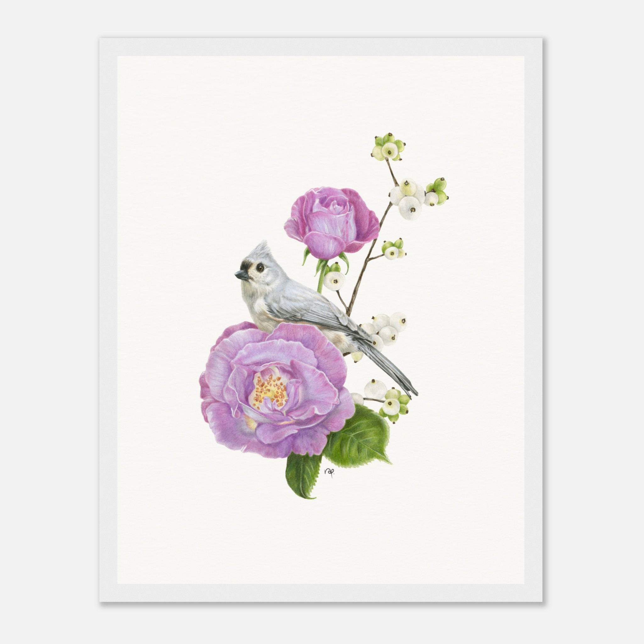 Illustration of a bird perched on purple roses with white berries, set against a light background.