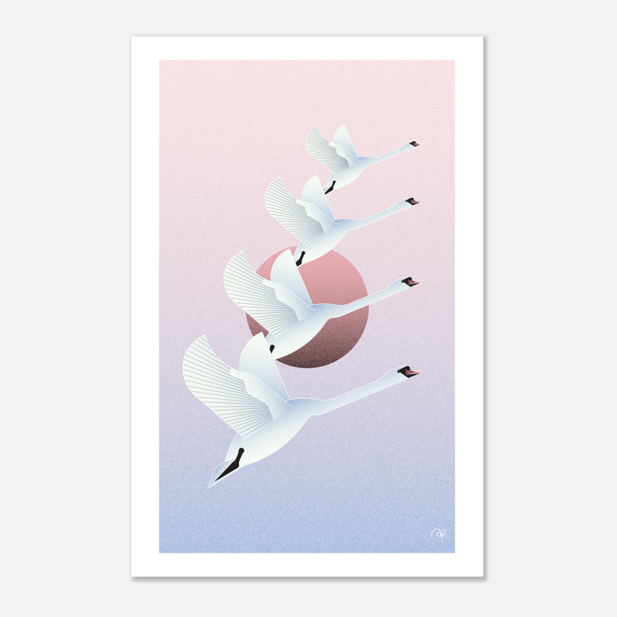 Illustration of four swans flying in formation against a pastel pink and blue gradient background with a setting sun.