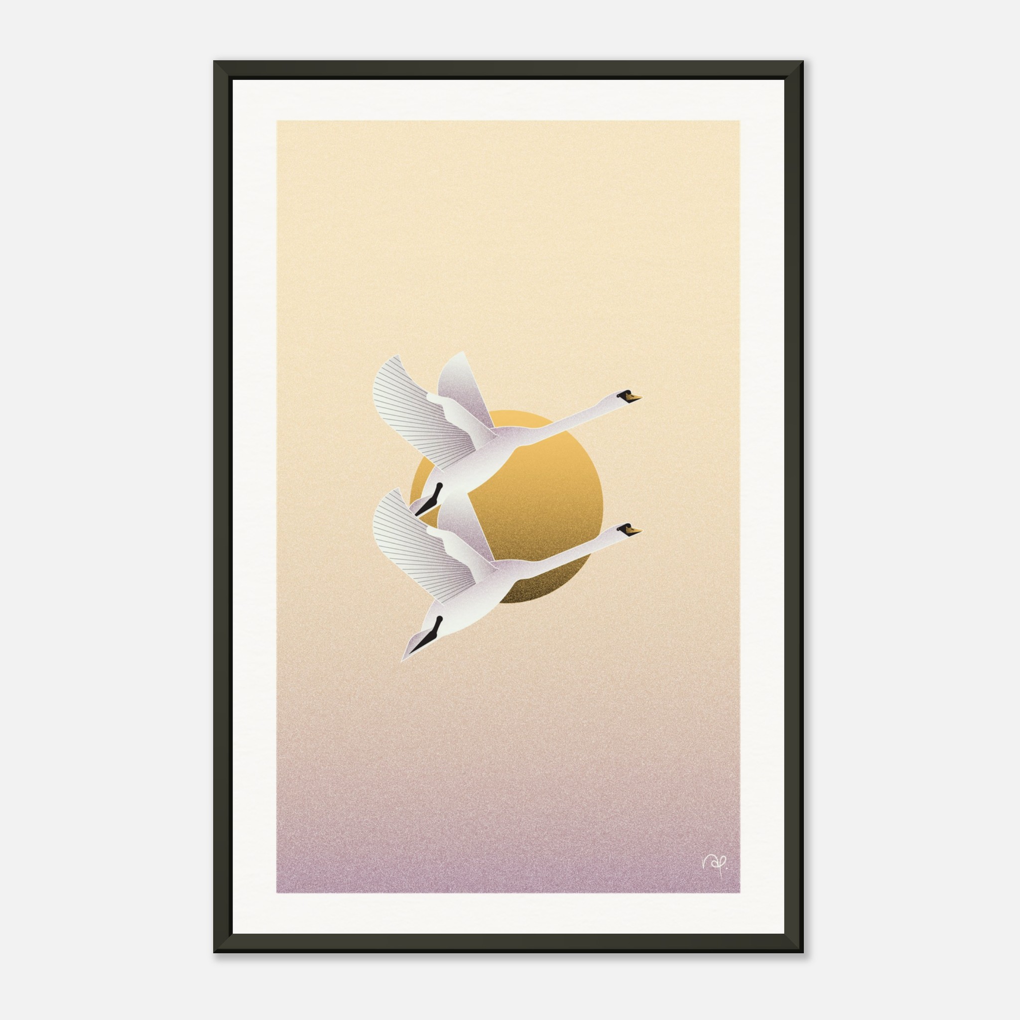 Illustration of two swans flying against a sunset, framed in black, with a gradient background.