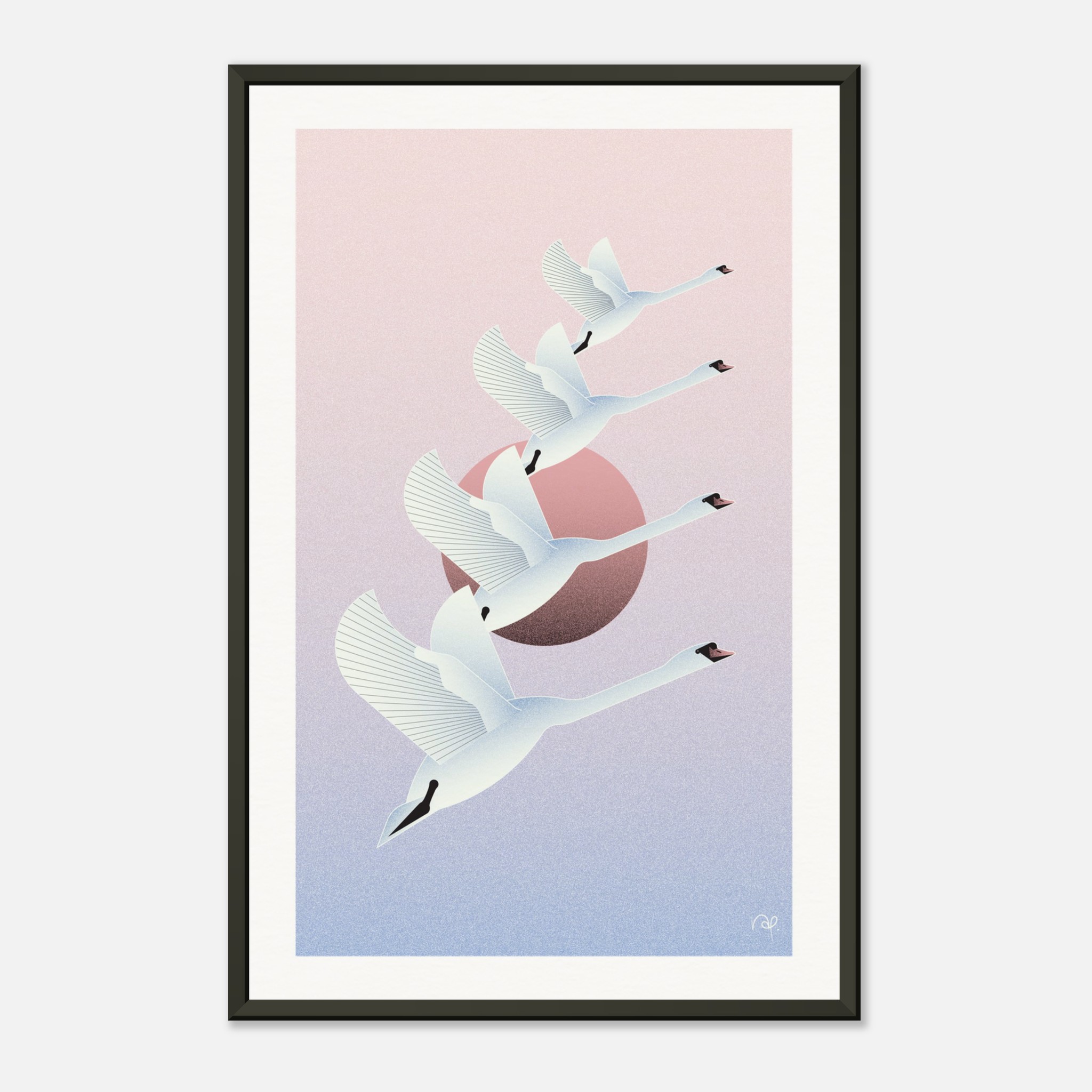 Illustration of four swans flying against a gradient pink and blue sky with a sun in the background.